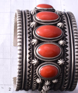 AWARD WINNING Silver & Coral Row Navajo Handmade Bracelet by Erick Begay 5H01A