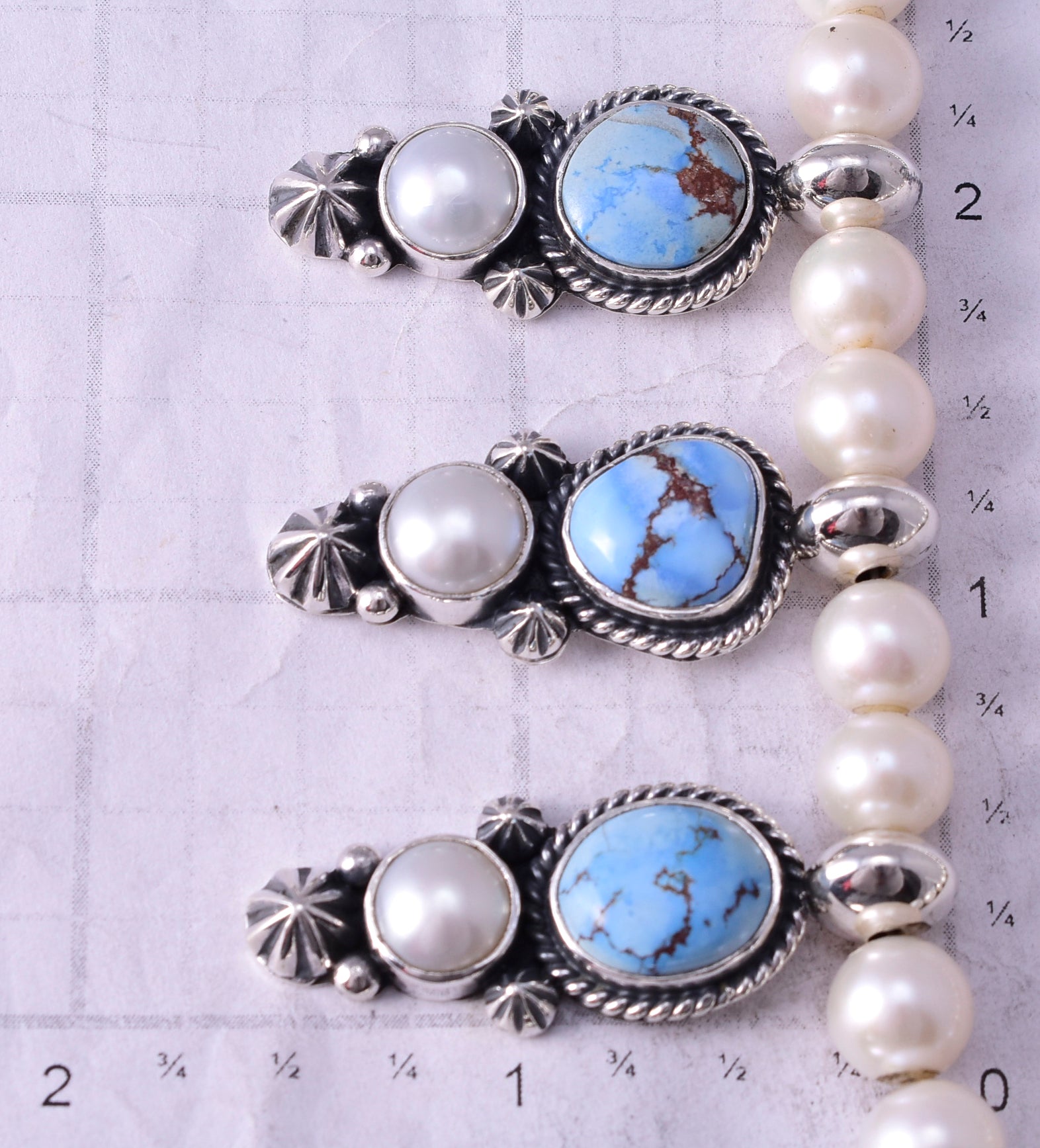 Silver & Golden Hills Turquoise Fresh Pearl Navajo Necklace by Erick Begay 5B26Y
