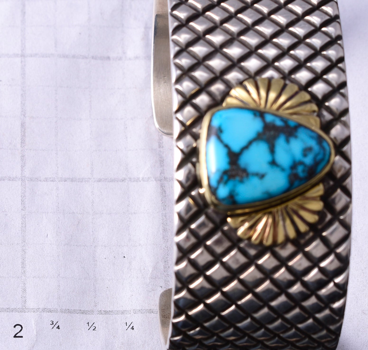 Silver & 18k Gold w/ Kingman Turquoise Navajo Bracelet by Erick Begay 5H01E