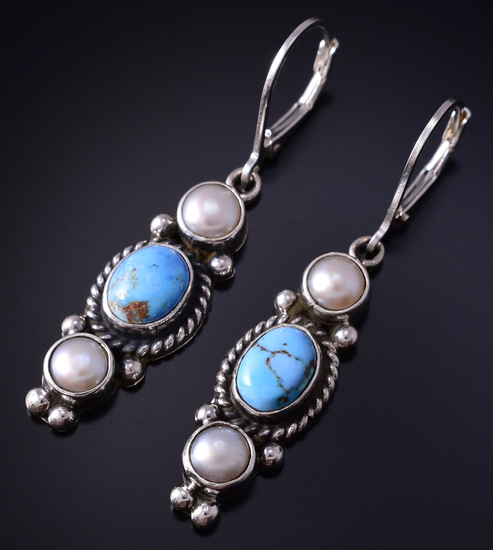 Silver & Golden Hills Turquoise Fresh Pearl Navajo Earrings by Erick Begay 5H02O