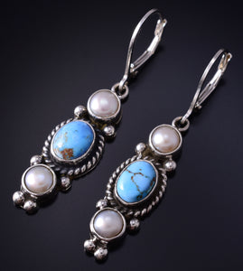 Silver & Golden Hills Turquoise Fresh Pearl Navajo Earrings by Erick Begay 5H02O