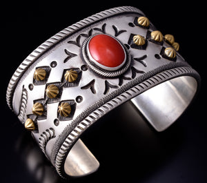 Silver & 22k Gold CROSS - w/ Mediterranean Coral Navajo Bracelet by Erick Begay 5H01B
