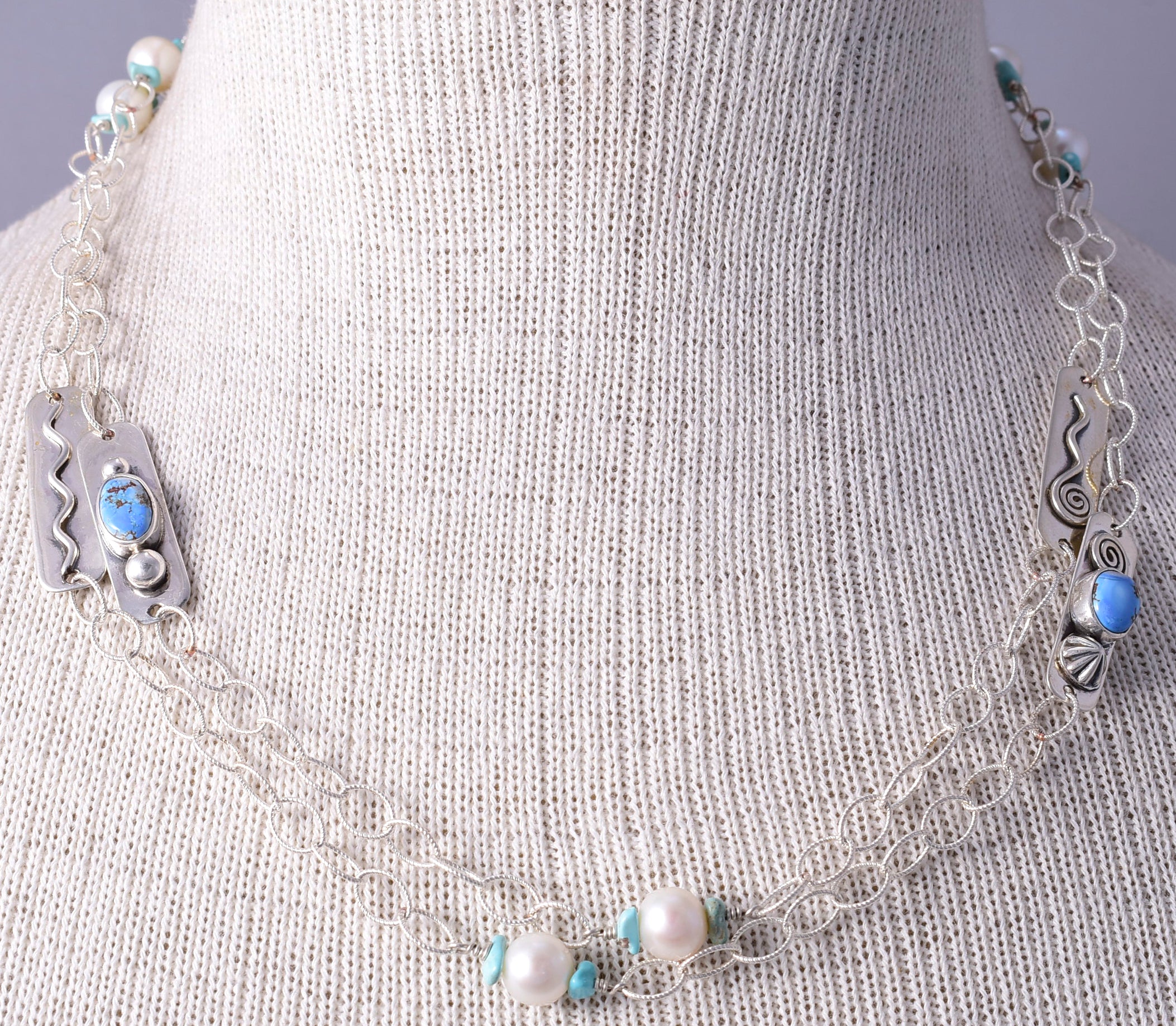 Silver & Golden Hills Turquoise Fresh Pearl Navajo Necklace by Erick Begay 5H03P