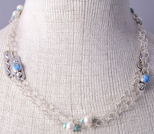 Silver & Golden Hills Turquoise Fresh Pearl Navajo Necklace by Erick Begay 5H03P