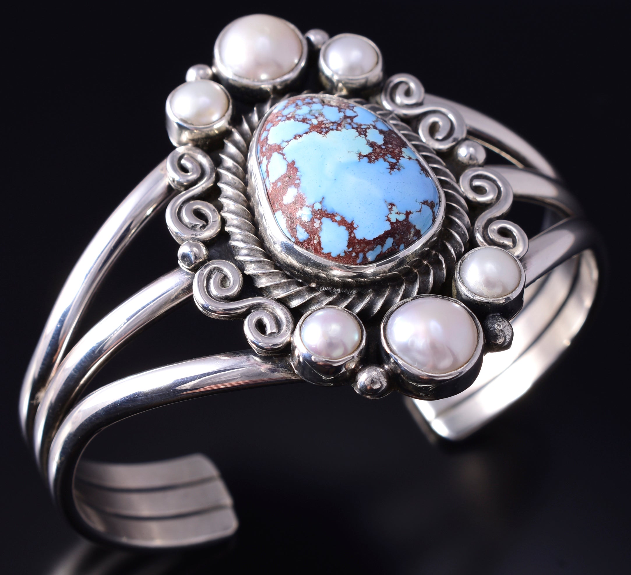 Silver & Golden Hills Turquoise Fresh Water Navajo Bracelet by Erick Begay 5F30K
