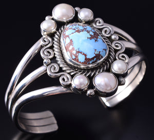 Silver & Golden Hills Turquoise Fresh Water Navajo Bracelet by Erick Begay 5F30K