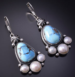 Silver & Golden Hills Turquoise Fresh Pearl Navajo Earrings by Erick Begay 5B25H