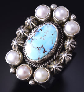 Size 6 Silver & Golden Hills Turquoise Fresh Pearl Navajo Ring Erick Begay 5F30H