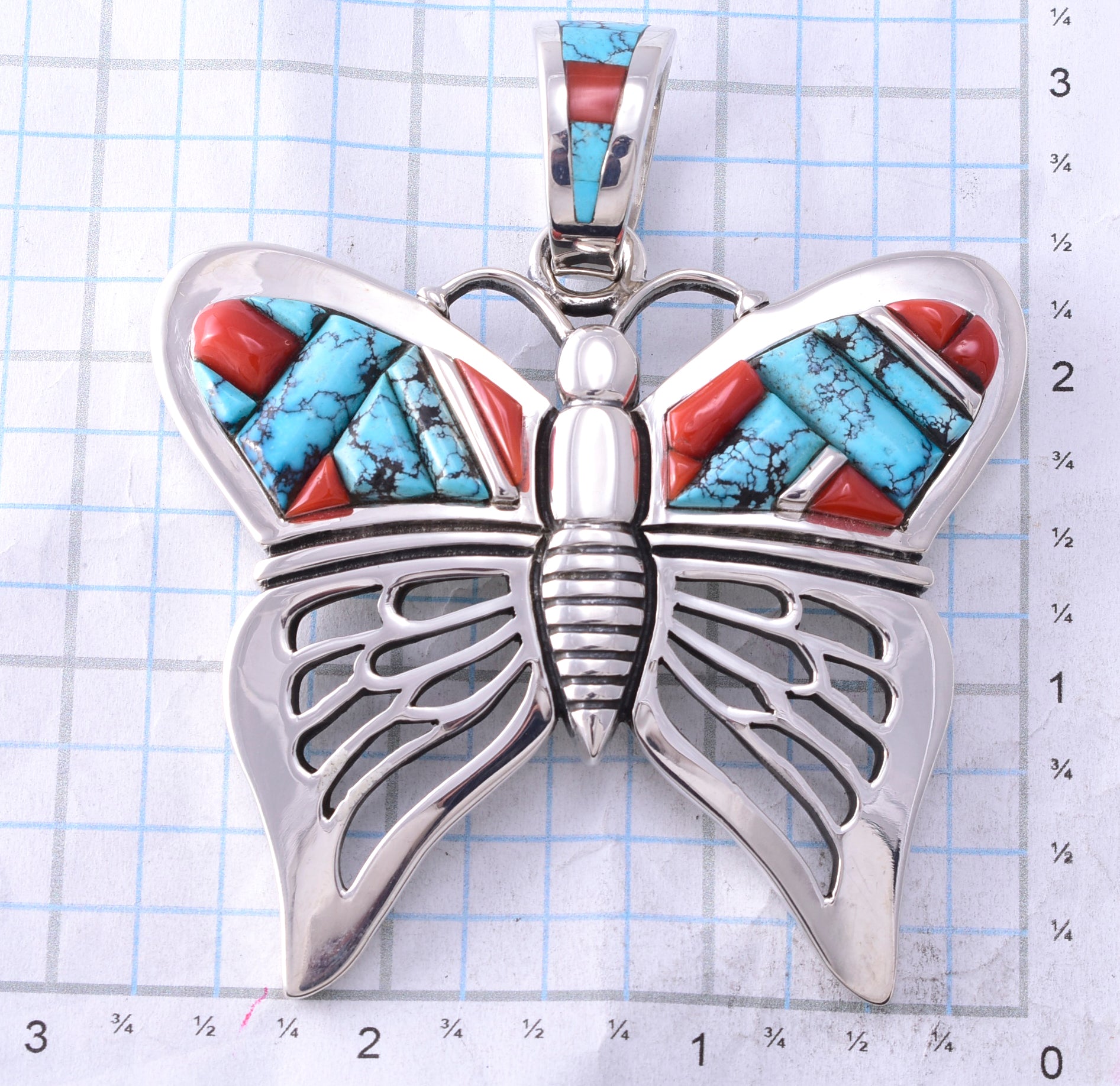 Silver & Kingman Turquoise & Coral Navajo Inlay Butterfly Pendant by Erick Begay 3H20X