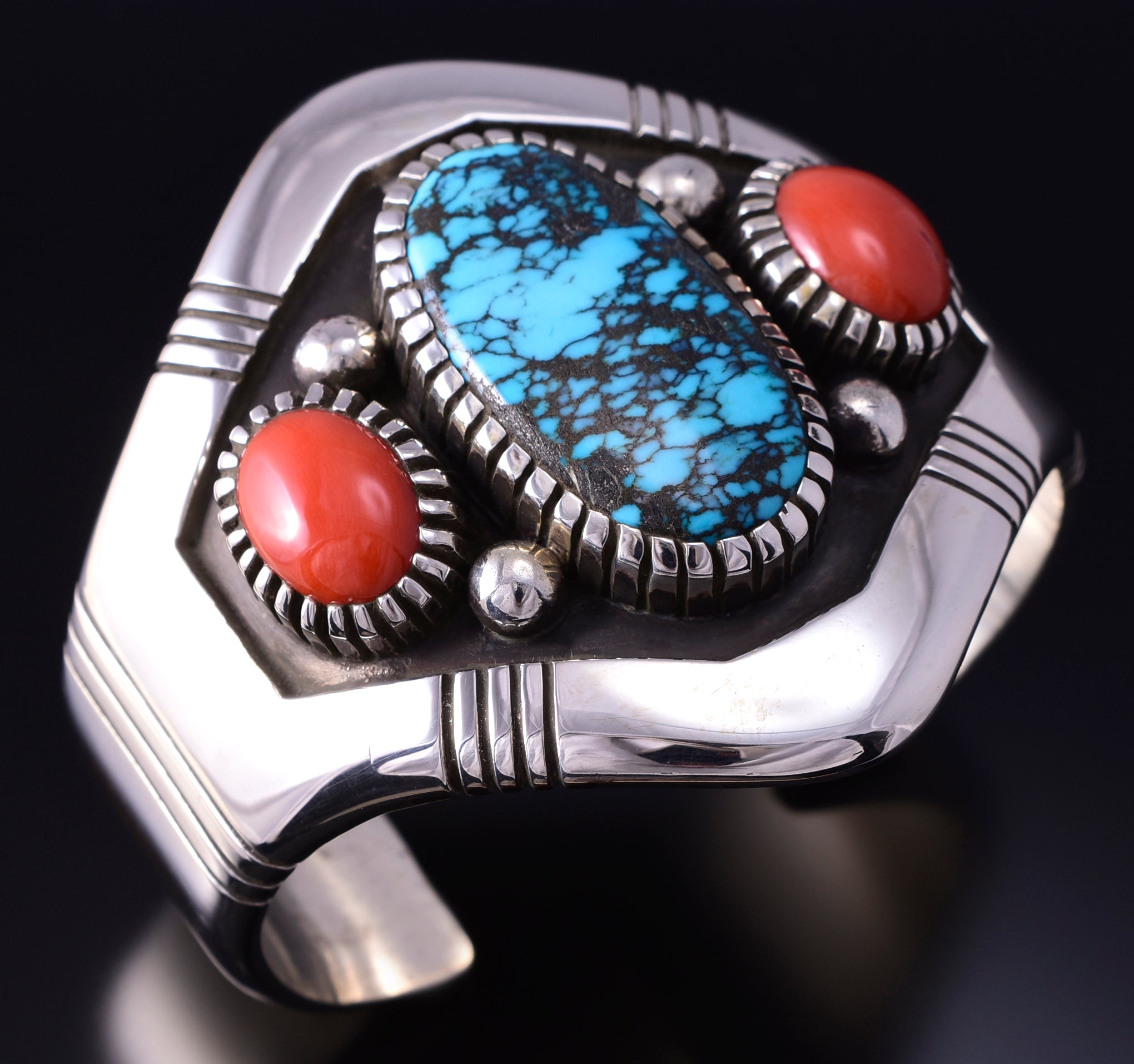 Silver & Hubei Turquoise Coral Navajo Shield Bracelet by Erick Begay 4H33F