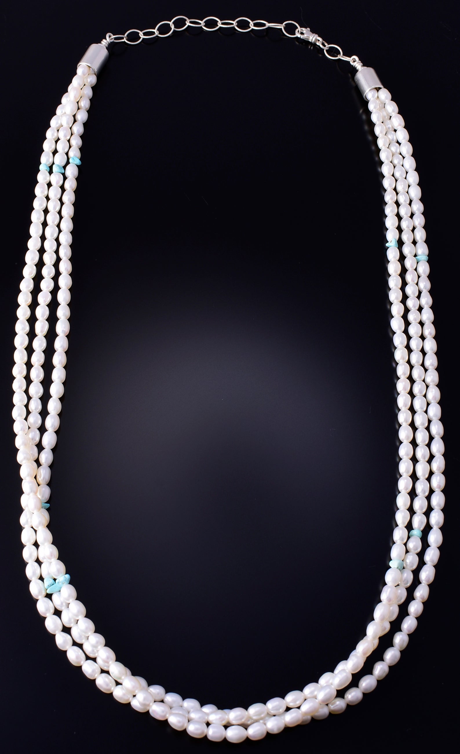 3 Strand Fresh Water Pearl Turquoise Nuggets Navajo Necklace - Erick Begay 5H03N