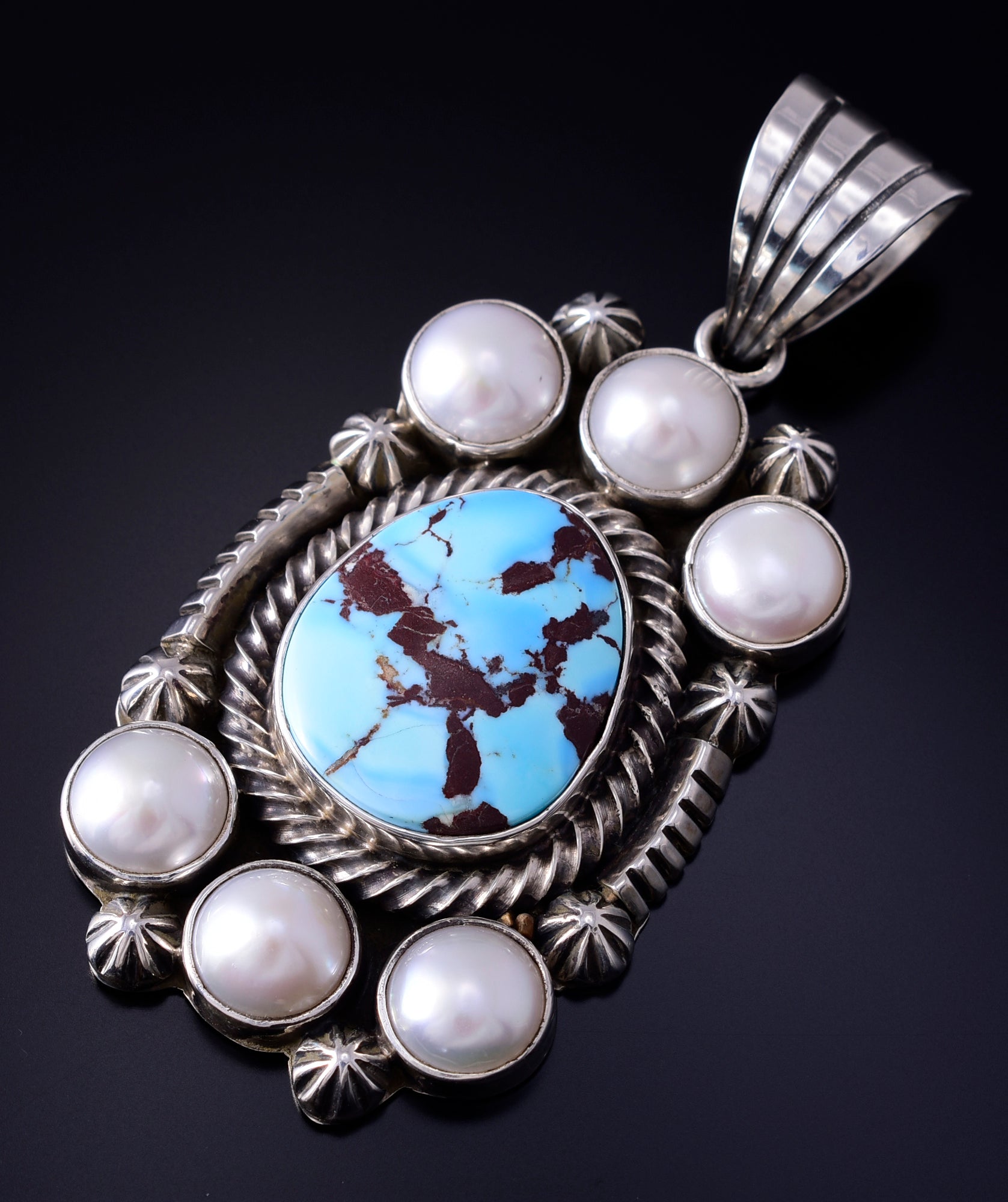 Silver & Golden Hills Turquoise Fresh Pearl Navajo Pendant by Erick Begay 5F30V