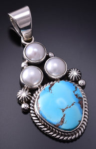 Silver & Golden Hills Turquoise Fresh Pearl Navajo Pendant by Erick Begay 4H33X