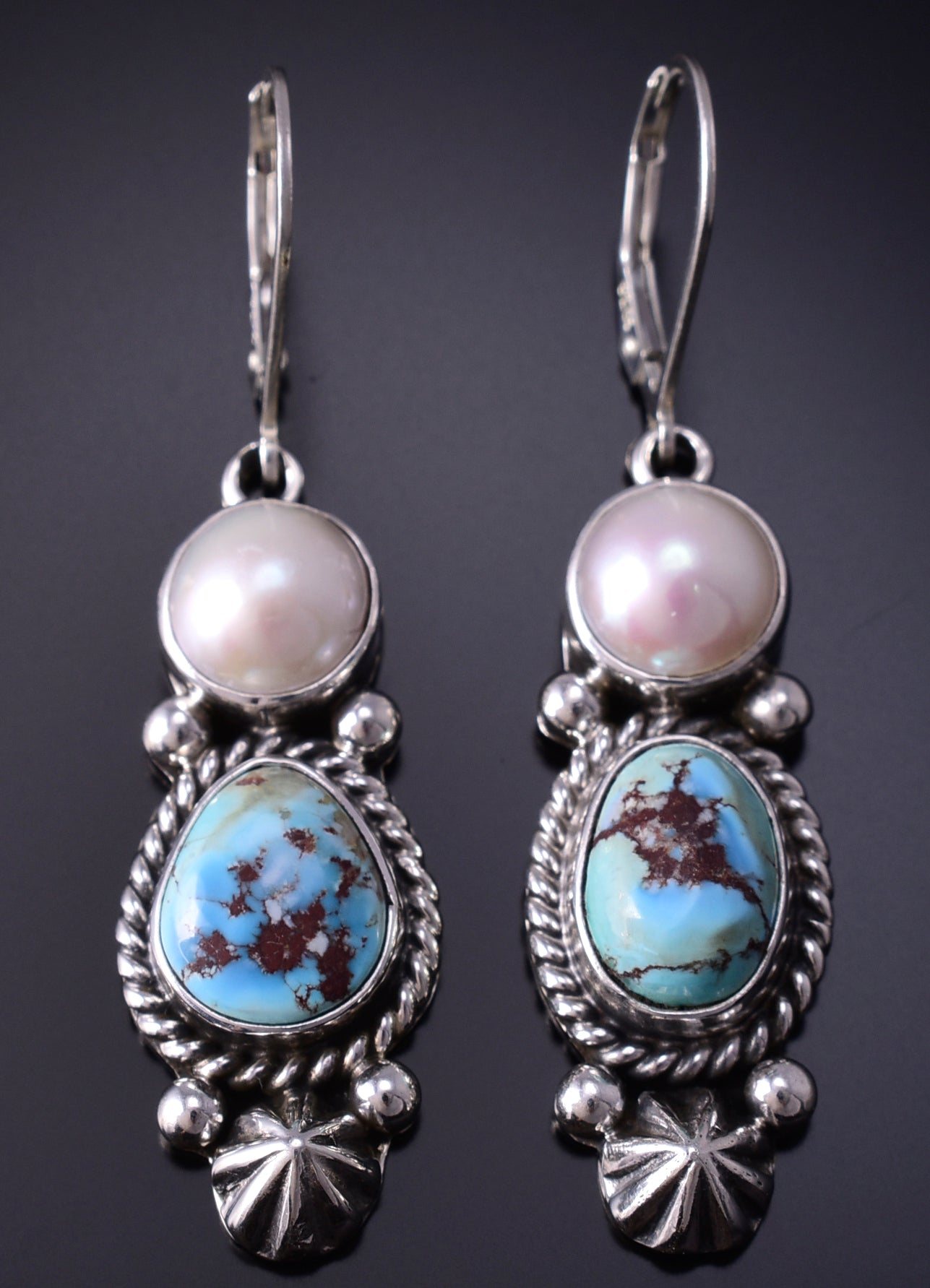 Silver & Golden Hills Turquoise Fresh Pearl Navajo Earrings by Erick Begay 5B25B