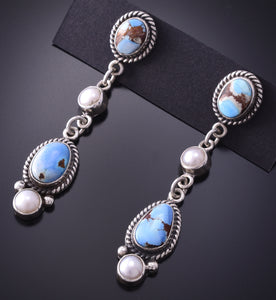 Silver & Golden Hills Turquoise w/ Fresh Pearl Navajo Earrings Erick Begay 4C01L