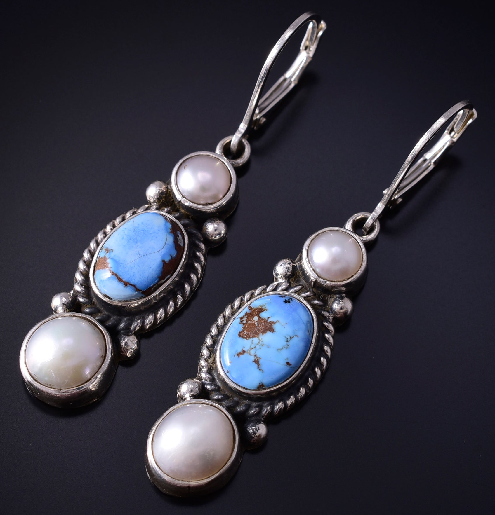 Silver & Golden Hills Turquoise Fresh Pearl Navajo Earrings by Erick Begay 5H02P