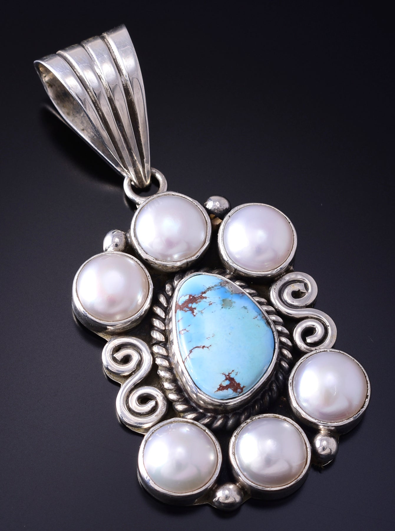 Silver & Golden Hills Turquoise Fresh Pearl Navajo Pendant by Erick Begay 5F30W