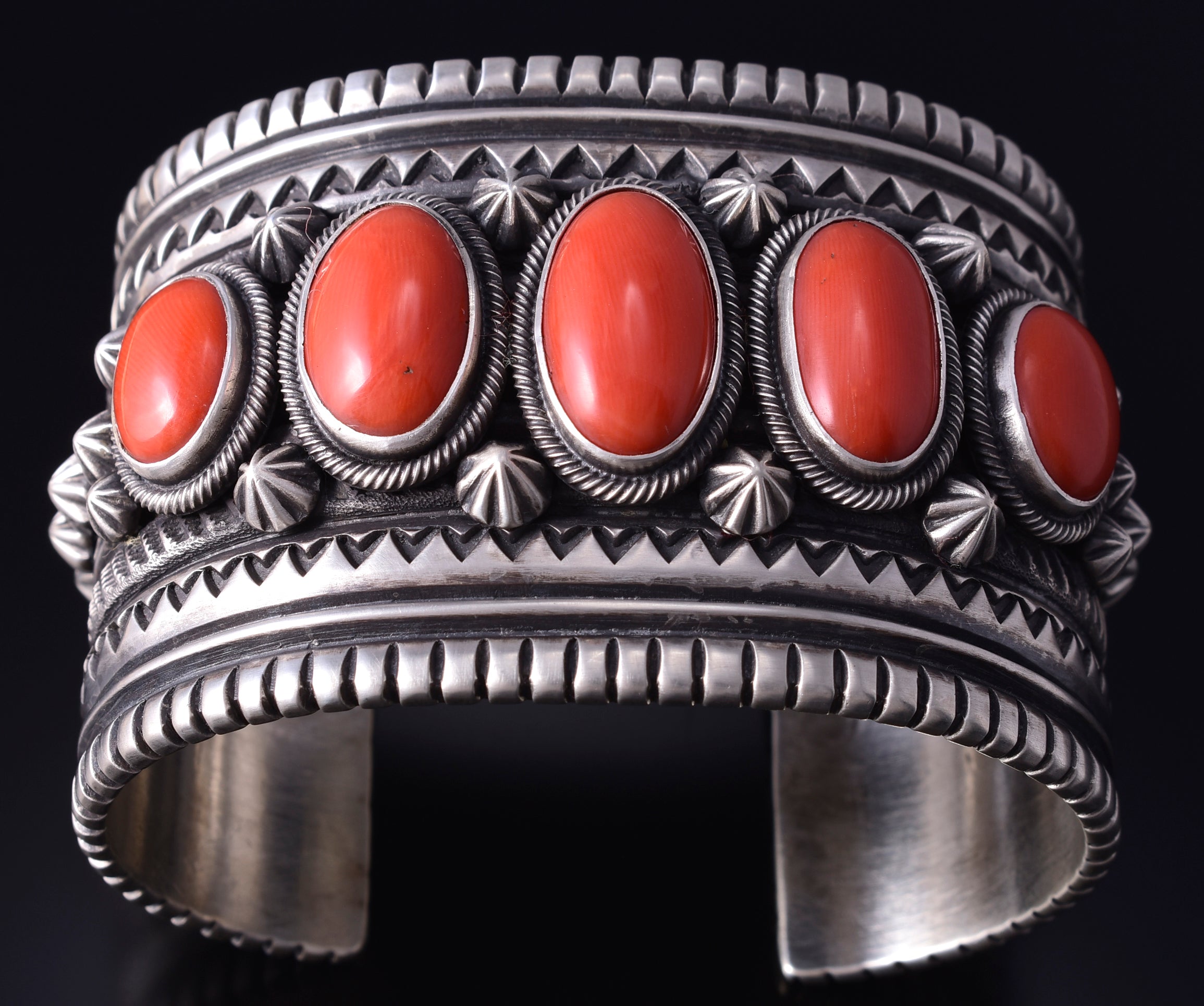 AWARD WINNING Silver & Coral Row Navajo Handmade Bracelet by Erick Begay 5H01A