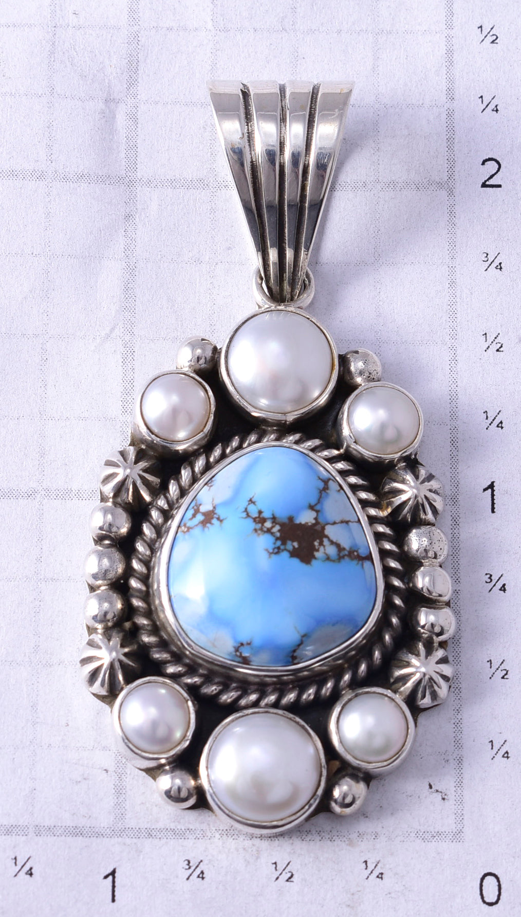 Silver & Golden Hills Turquoise Fresh Pearl Navajo Pendant by Erick Begay 5F30X