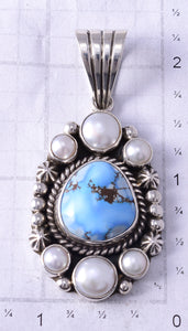Silver & Golden Hills Turquoise Fresh Pearl Navajo Pendant by Erick Begay 5F30X