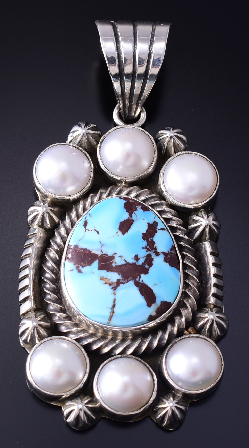 Silver & Golden Hills Turquoise Fresh Pearl Navajo Pendant by Erick Begay 5F30V