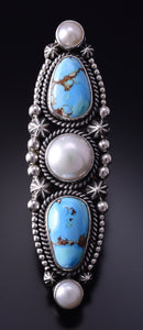 Size 8-3/4 Silver & Golden Hills Turquoise Pearl Navajo Ring - Erick Begay 5B25Z