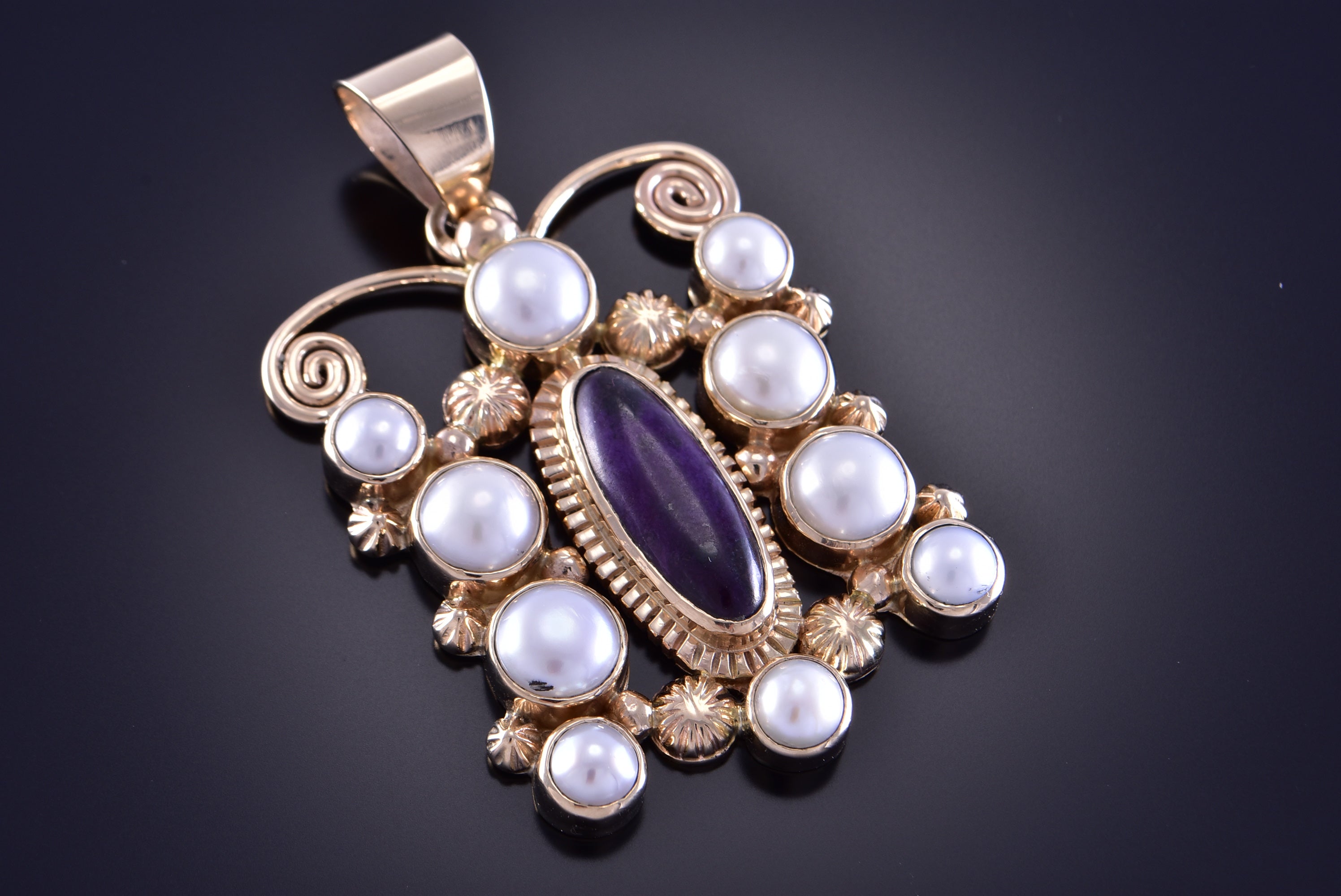 14k Gold & Sugilite & Fresh Water Pearl Butterfly Pendant by Erick Begay 2C02V
